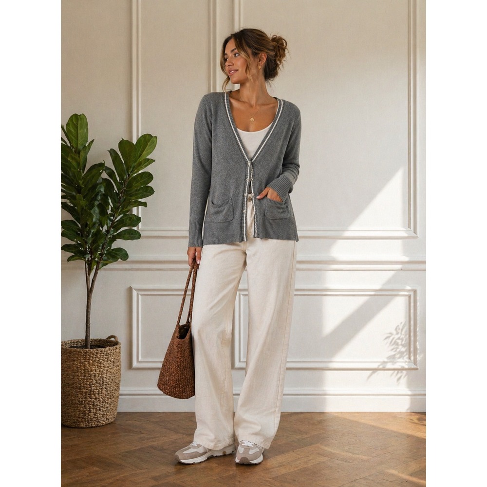 Lands End Womens Heather Grey Striped Trim V-Neck Button Front Cardigan Small